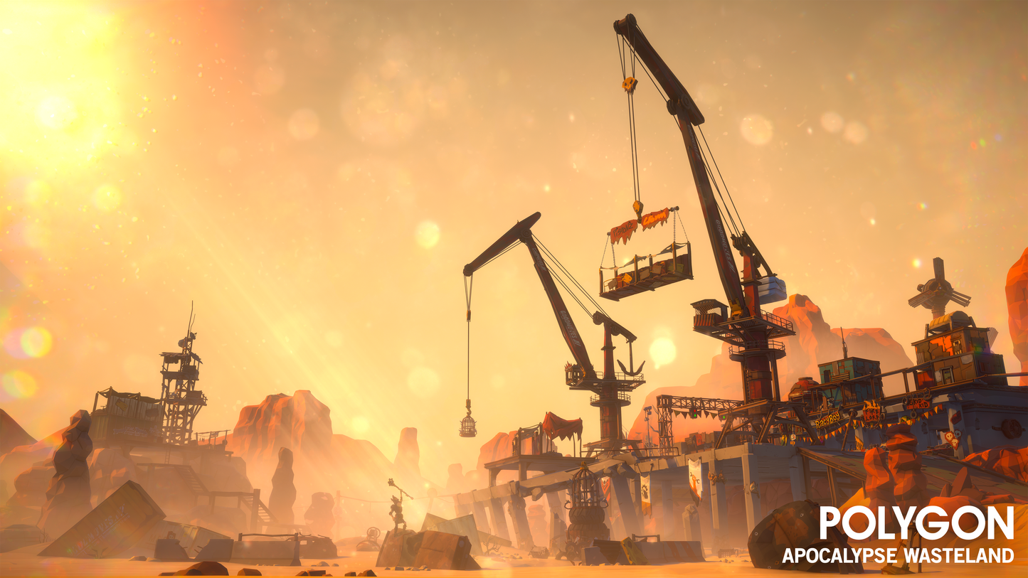 Scrap buildings and abandoned shipping cranes in a desert wasteland