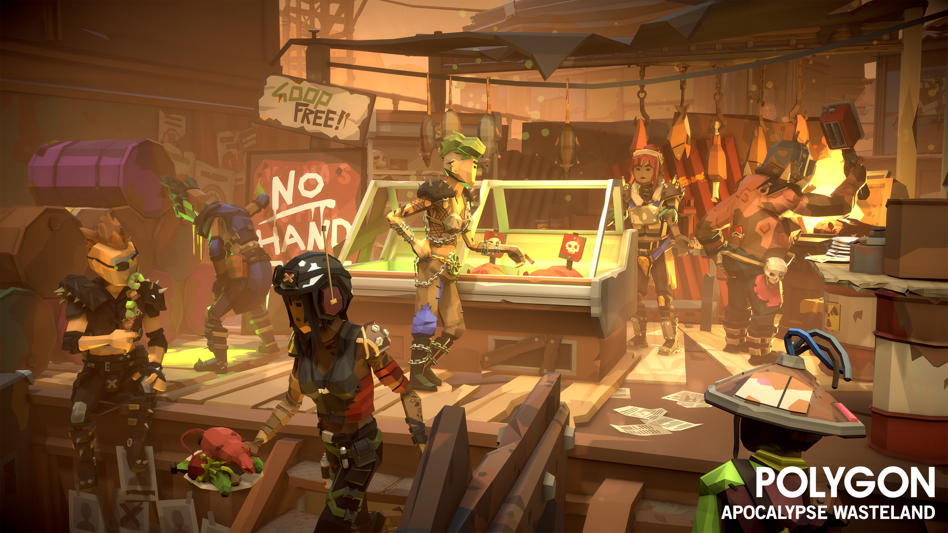Villagers shopping for food in a wasteland market