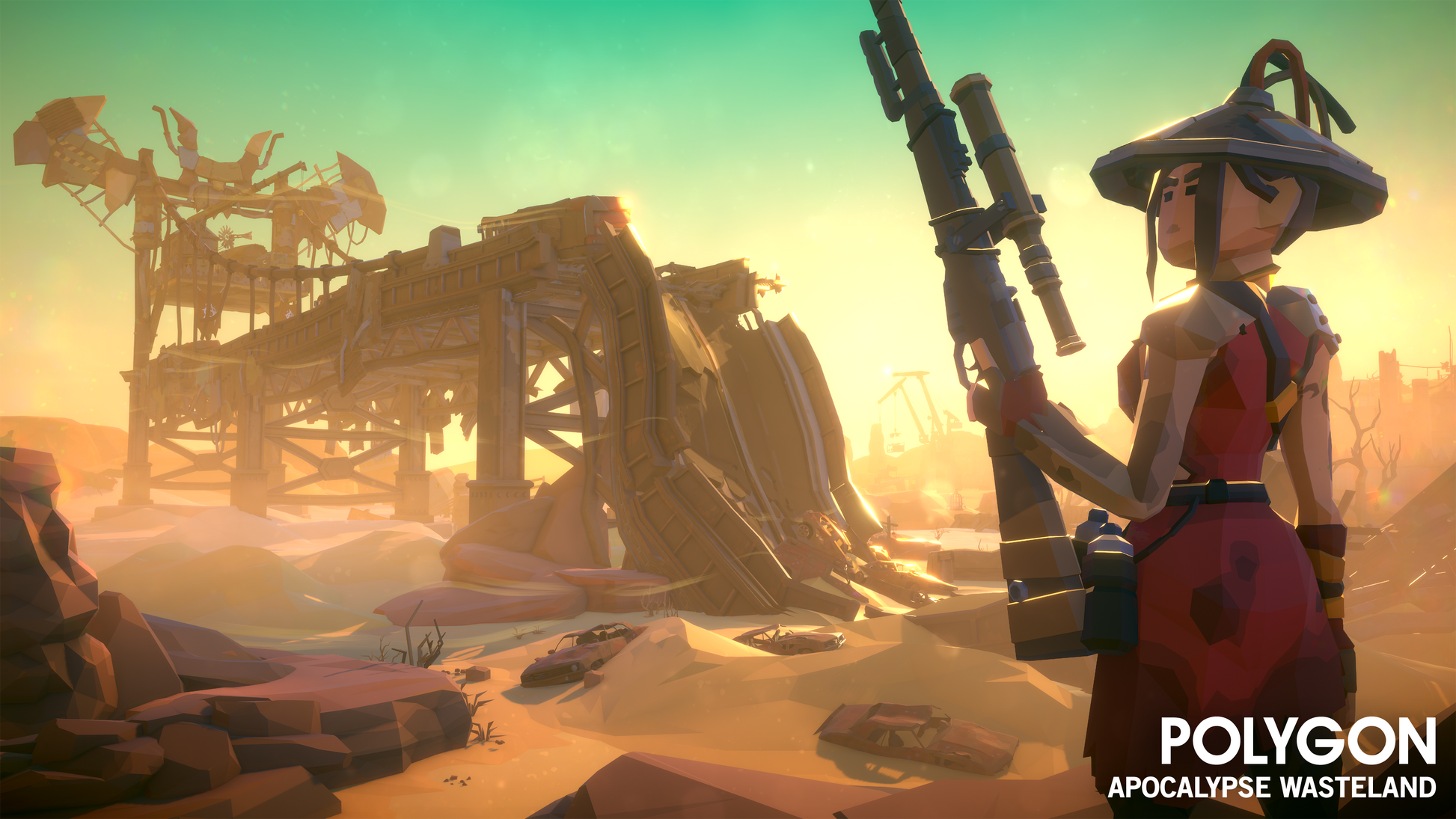 A Desert Anarchist scout sniper approaching a destroyed bridge in a desert wasteland with shipping containers, burnt cars and broken buildings littering the brackground