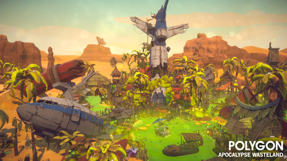 A low-poly 3D jungle swamp oasis in the middle of a desert built out of a crashed plane