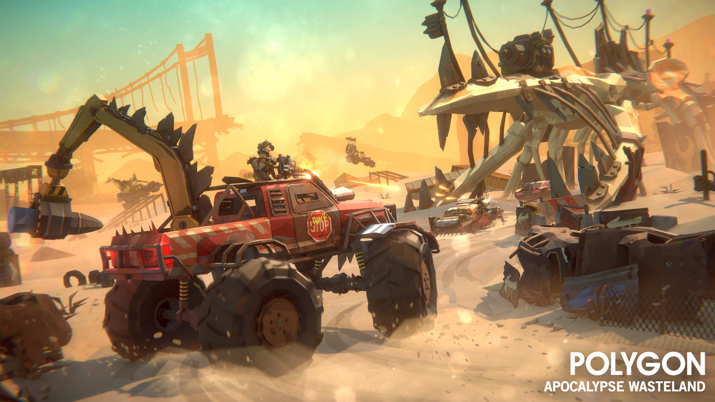 Apocalyptic monster truck racing through a desert firing a roof mounted machine gun at a classic car in front of it