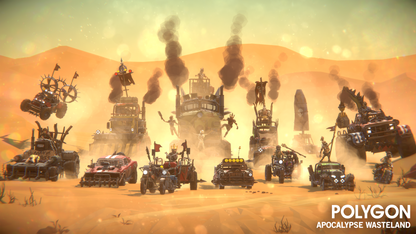 Heavily converted monster trucks, buggies, motorbikes and chariots driving through a futuristic wasteland desert