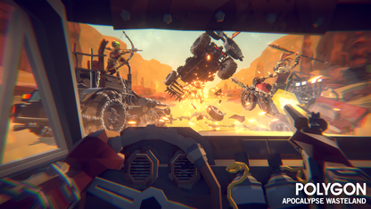 A first person view of a figure firing a gun through their windshield as a monster truck and motorbike fight one another in a canyon pass