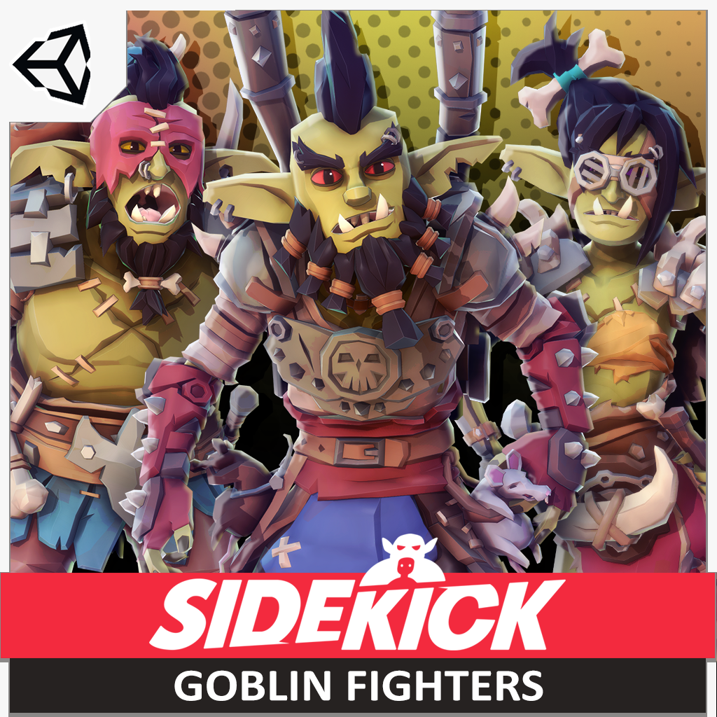 Goblin fighters asset pack designed for Unity game development with Sidekick branding