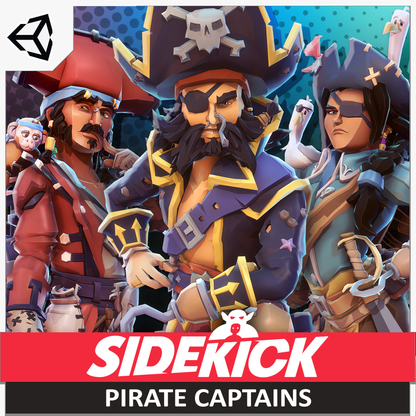 Three animated pirate captains with Sidekick Character Creator branding at the bottom.