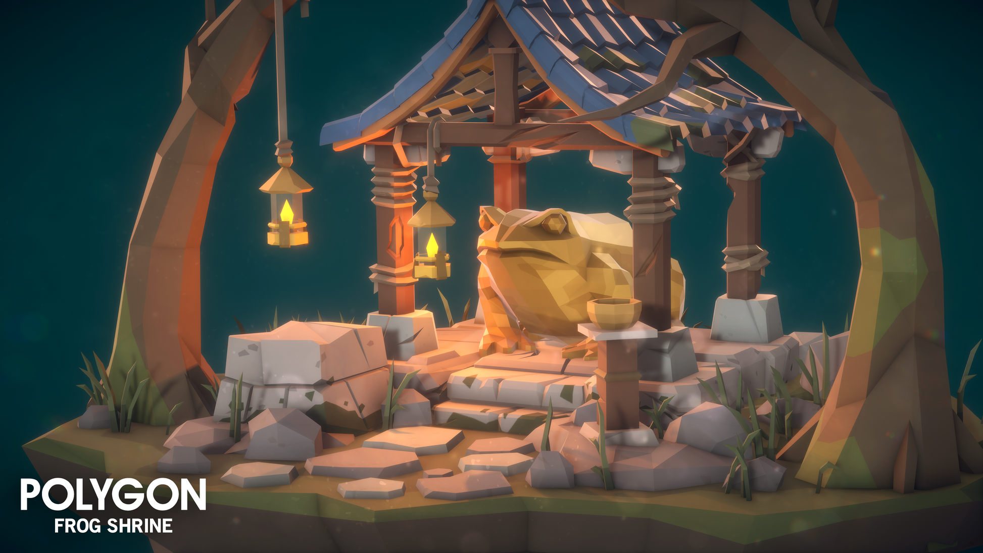 Close up view of the POLYGON Frog Shrine game asset