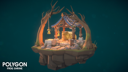 POLYGON Frog Shrine assets with low lighting on a dark green background
