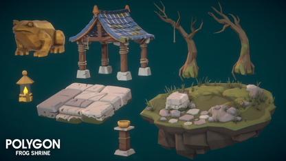 Low poly 3D assets including shrine, frog statue, tree's and vegetation