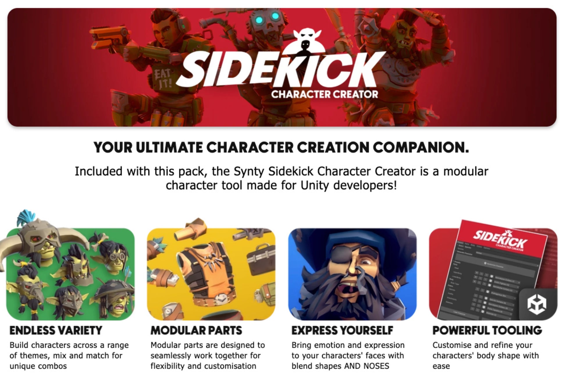 Sidekick character creator tool with promotional text and character examples on a red background