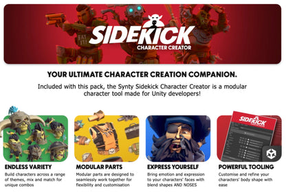 Sidekick character creator tool with promotional text and character examples on a red background