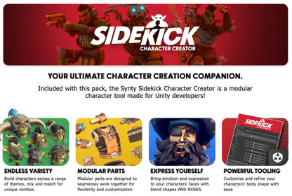 Sidekick character creator tool made for Unity with promotional text and character examples