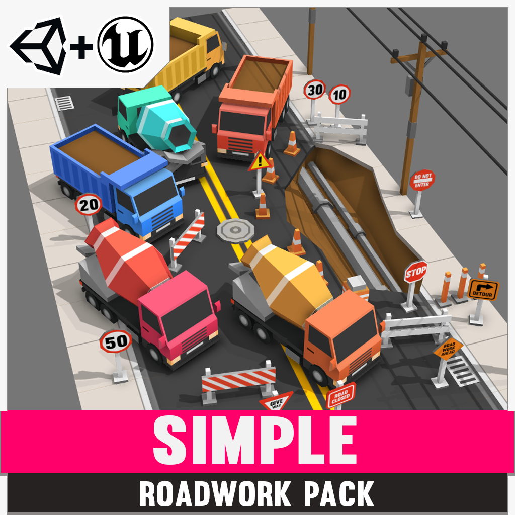 Simple Roadwork game asset pack for Unity and Unreal Engine
