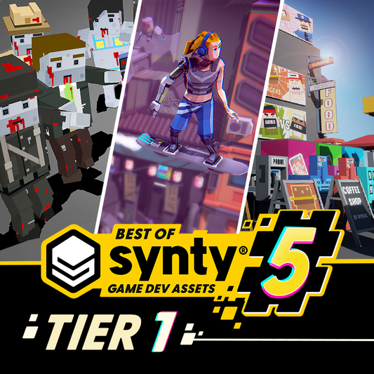 Promotional graphic for Synty Game Dev Assets Tier 1 featuring a character and various game assets.