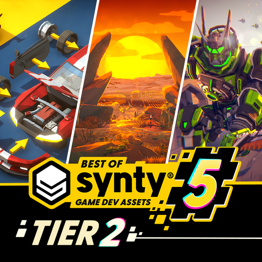 Promotional graphic for Synty Game Dev Assets Tier 2 with futuristic vehicle, landscape, and robot design.