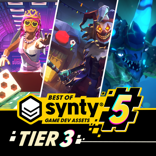 Promotional graphic for Synty Game Dev Assets Tier 3 with horror, sci fi and fantasy characters and unique monster designs.