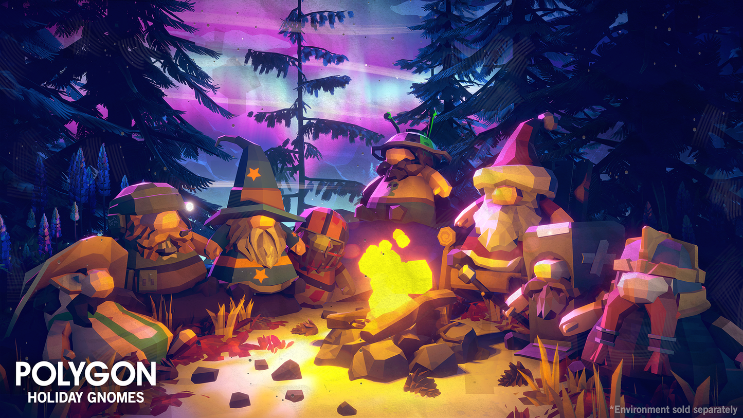 Gnome characters for different game genres huddled around a fire cooking marshmellows