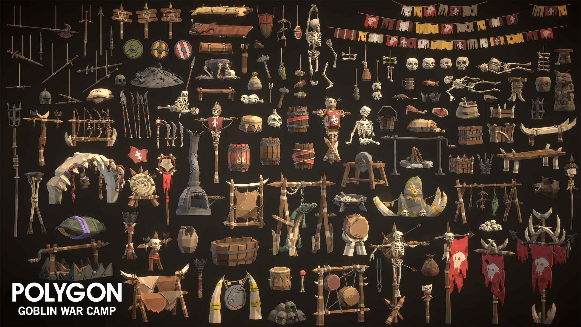 Globin War Camp props and environment assets including hanging weapons, spits, barrels, seats, gongs,  banners and totem poles