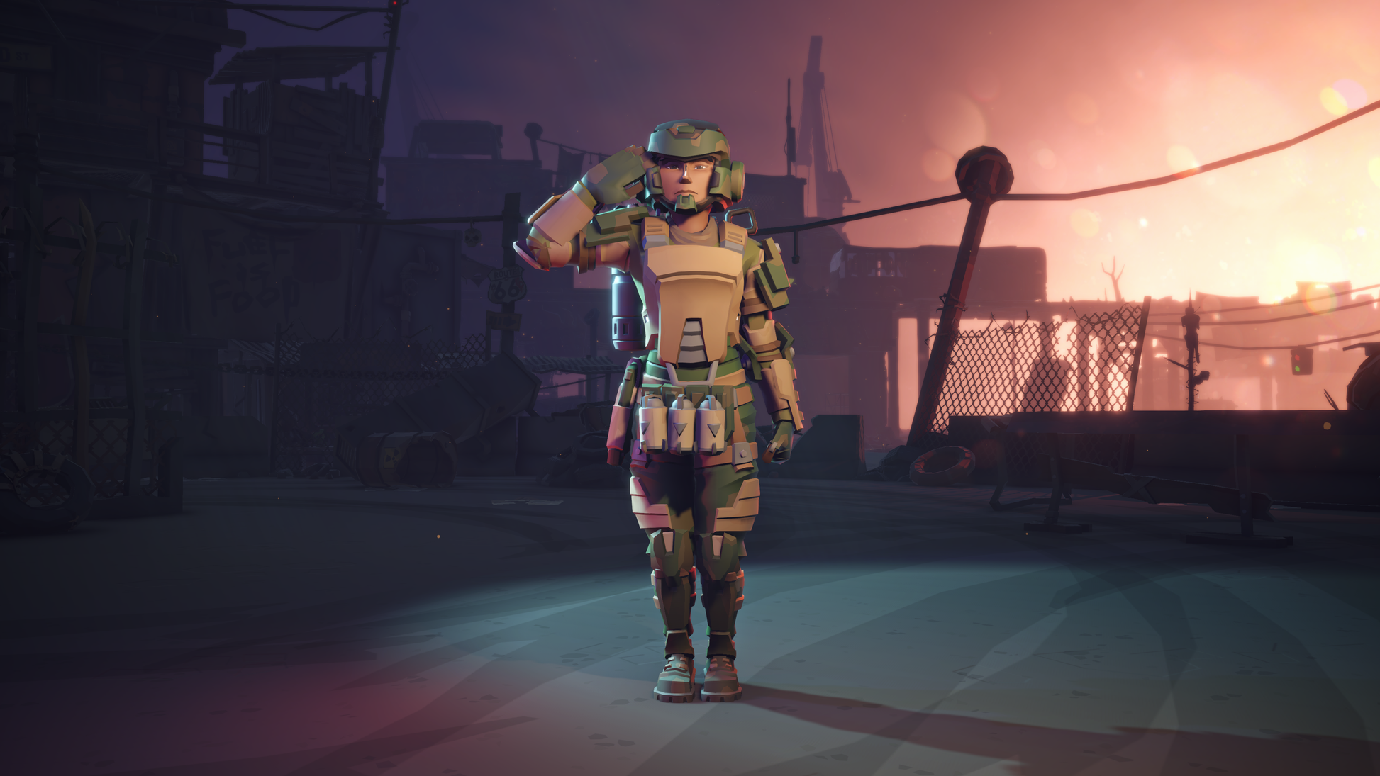 Character in futuristic armor standing and striking a salute pose in a post-apocalyptic environment with smoke and debris.