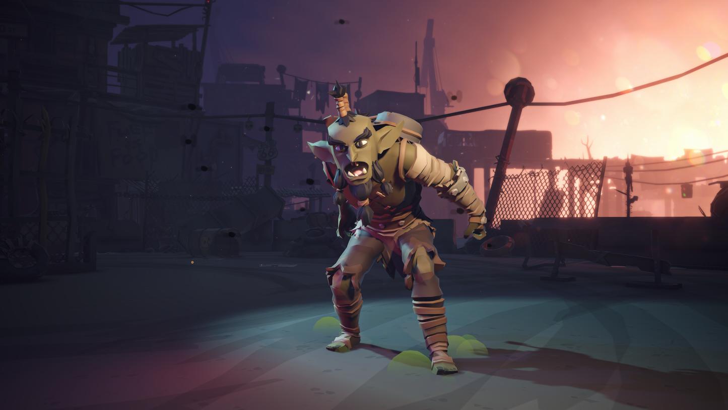 Animated orc character taunting in a desert arena with a fiery sky