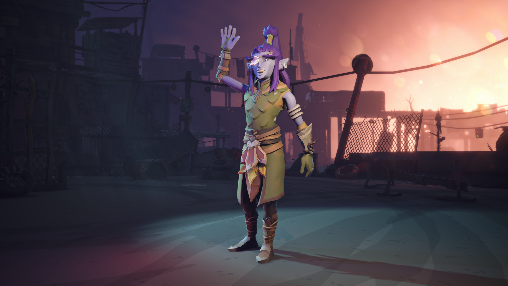 Animated elf character in a futuristic outfit waving to someone with a dystopian background