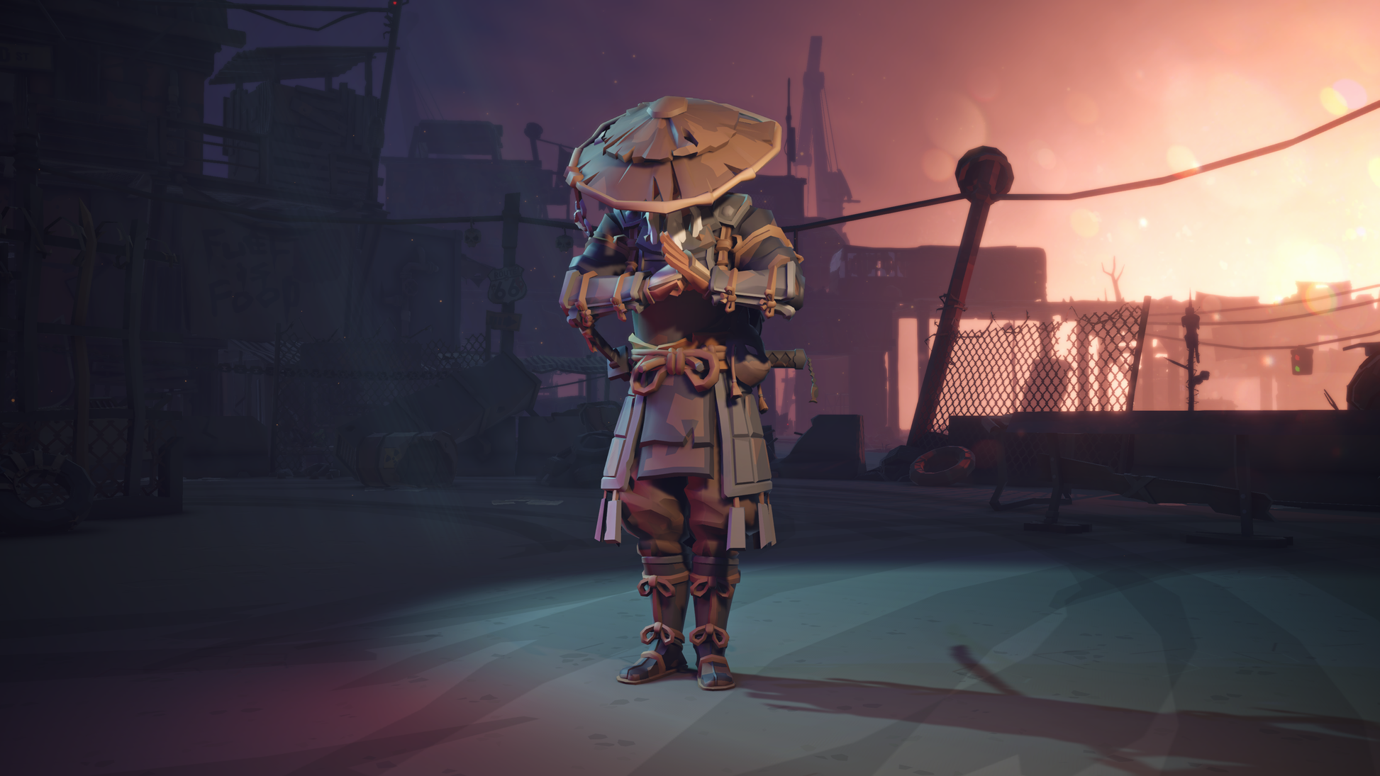 Character in a fantasy setting with a lantern and traditional outfit, standing in a dimly lit area.