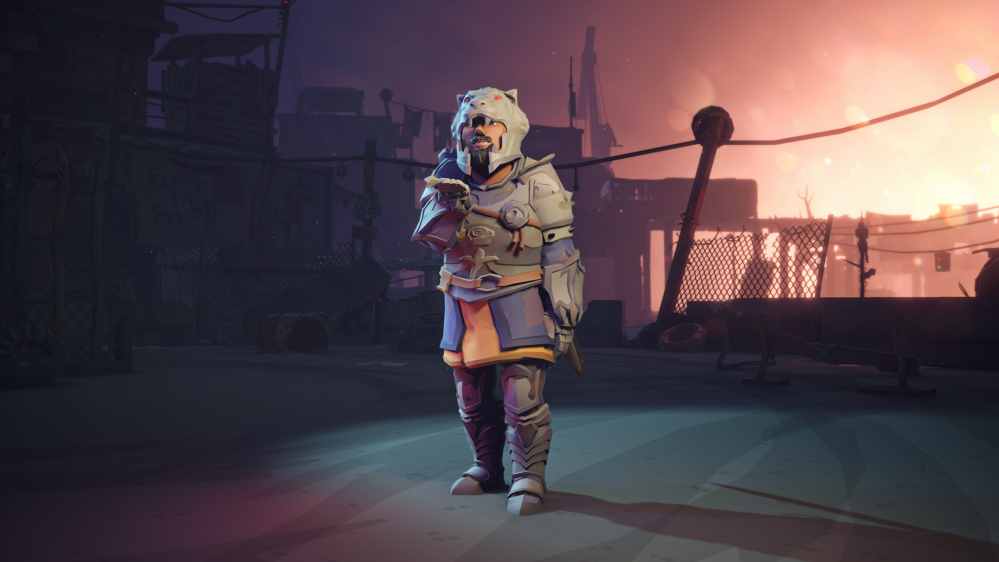 Character in knight armor standing in a dystopian environment with fires and smoke.