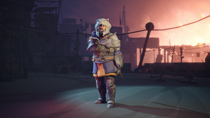 Character in knight armor standing in a dystopian environment with fires and smoke.