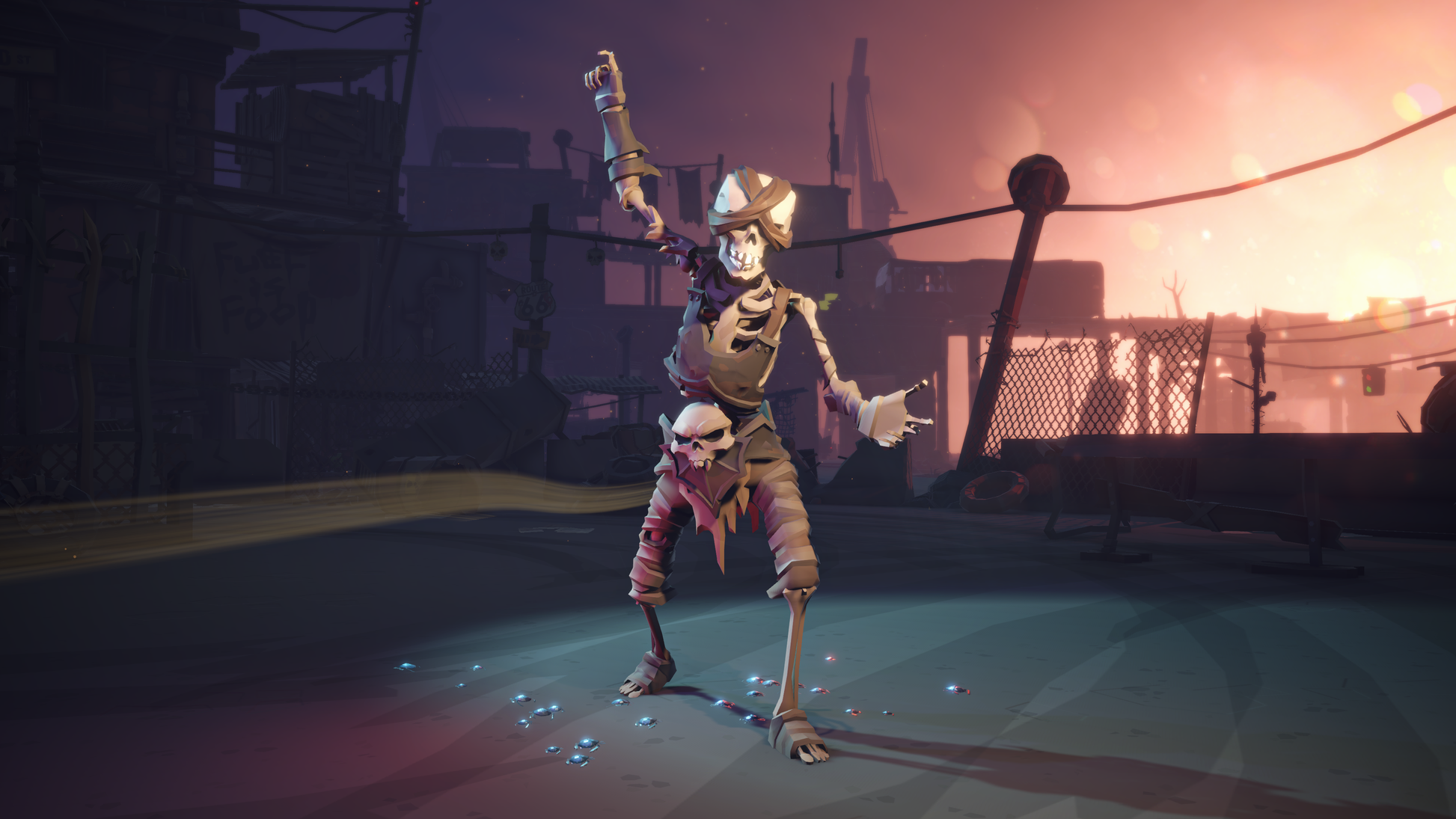 Skeleton character pointing to the sky in a post-apocalyptic setting with a dark and gritty atmosphere.