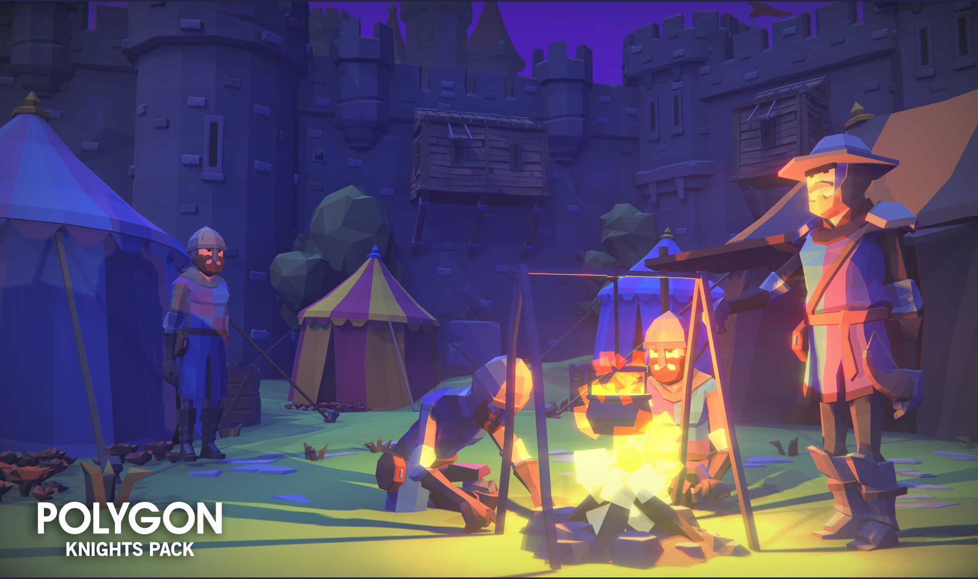Medieval townsfolk in low poly 3D gathering around a fire
