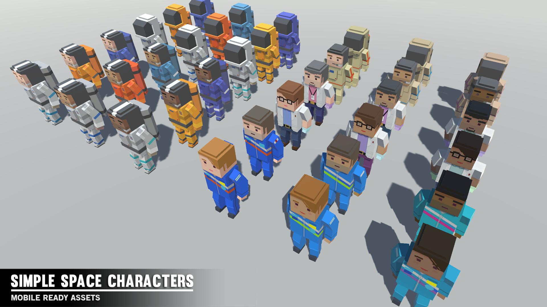 Simple Space characters standing together in a square formation to show off the many character asset variations available in the game dev pack