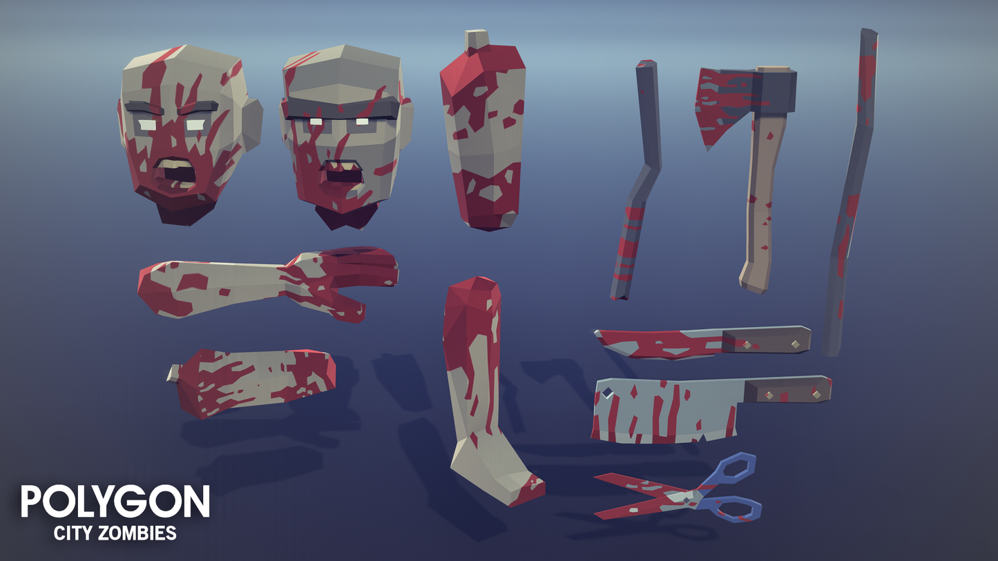 Zombie parts and weapon assets for game development