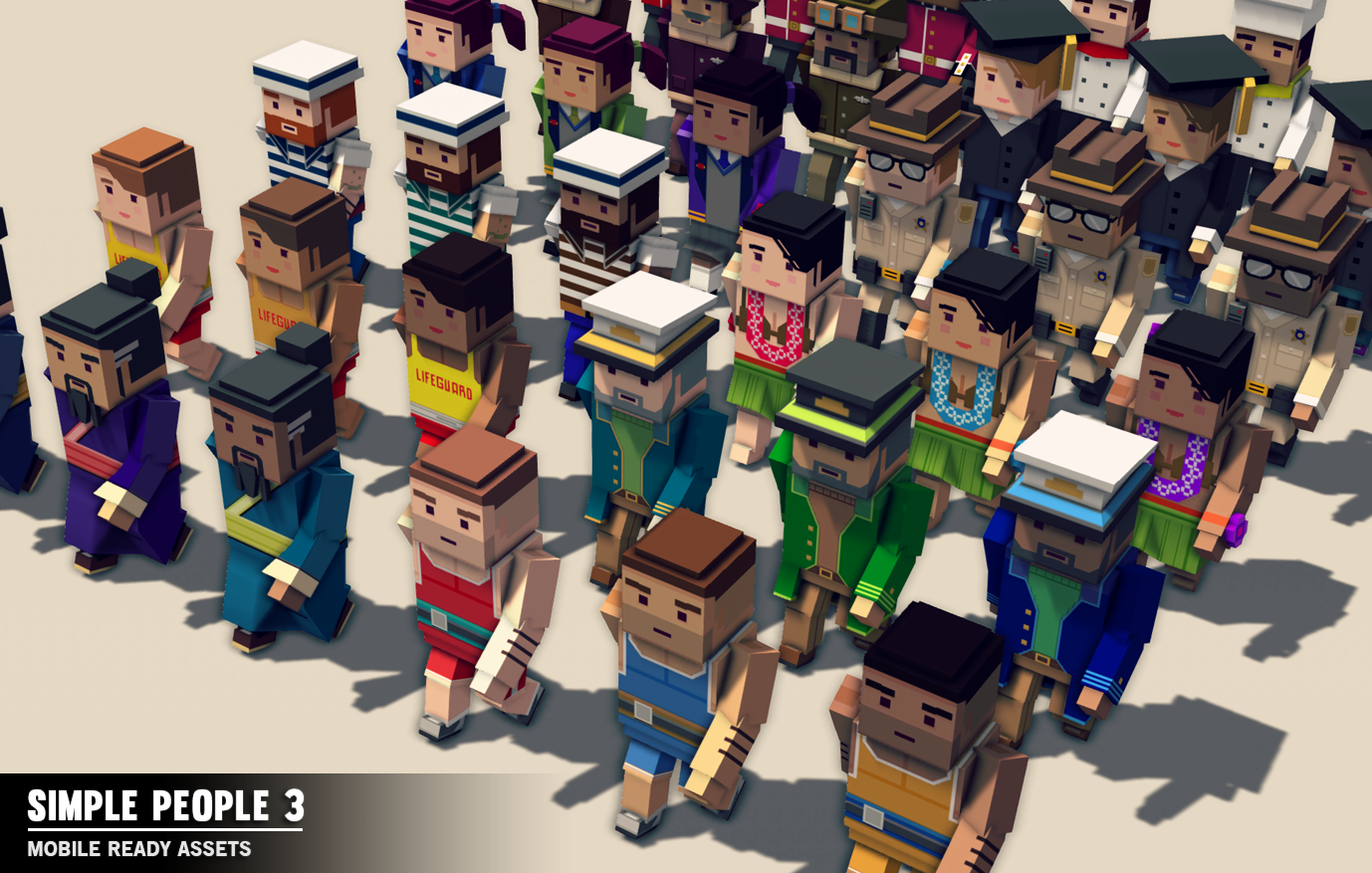 Three character variations for each character in the Simple People 3 game asset pack