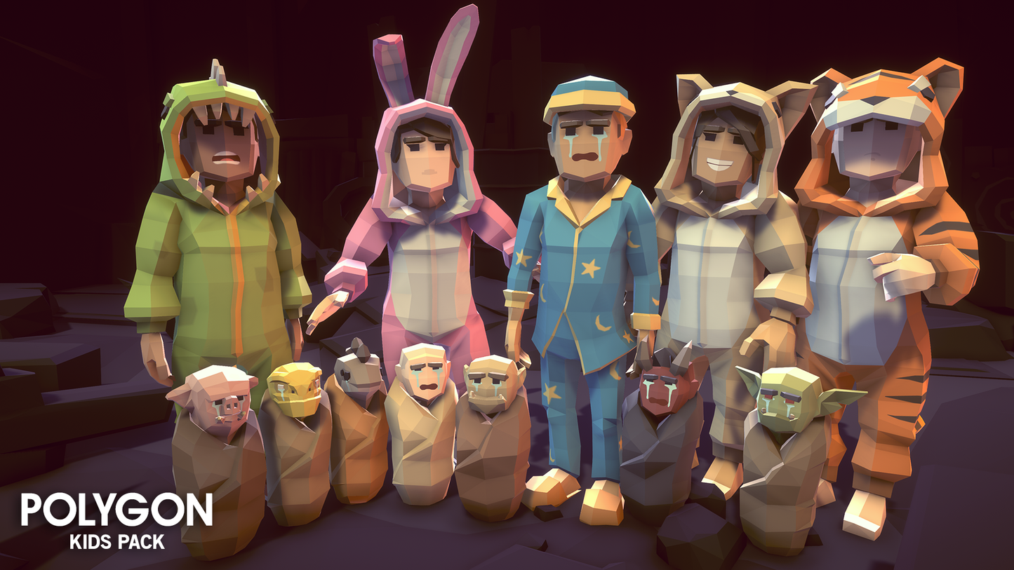 Five 3D kid characters dressed in halloween outfits with fantasy animal characters wrapped in blankets by their feet