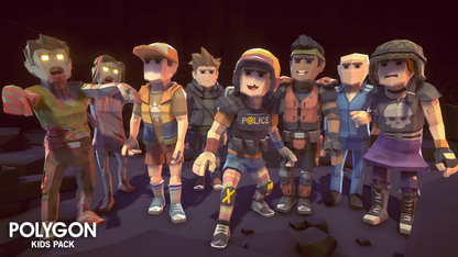 Eight low poly 3D kid characters in a zombie apocalypse setting