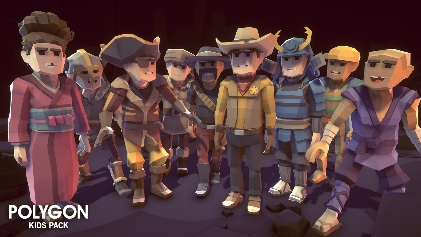POLYGON Kids Pack fantasy, samurai and pirate character assets standing together in a group