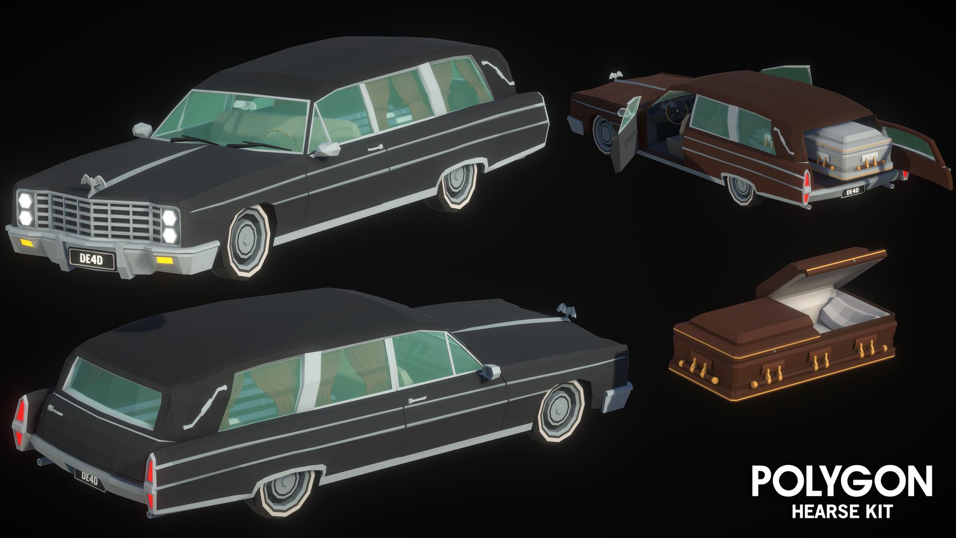 3D low poly hearse and casket game asset