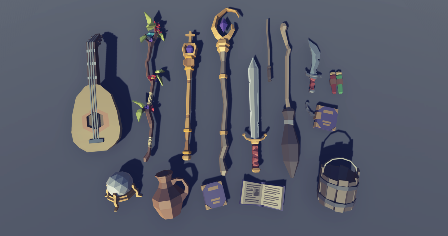Unity and Unreal 3D low poly assets of fantasy character props for game development