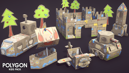 Low poly carboard fort game assets
