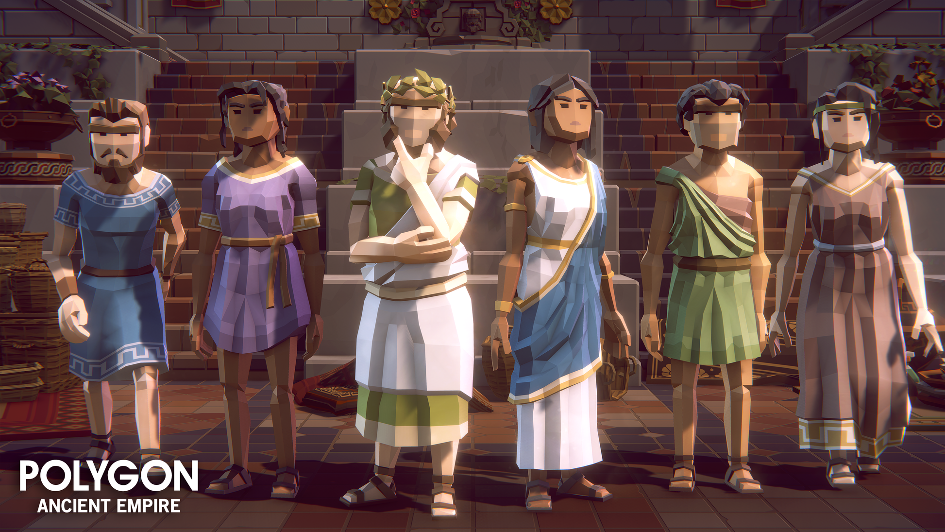 Six low poly ancient myth male and female characters standing next to one another