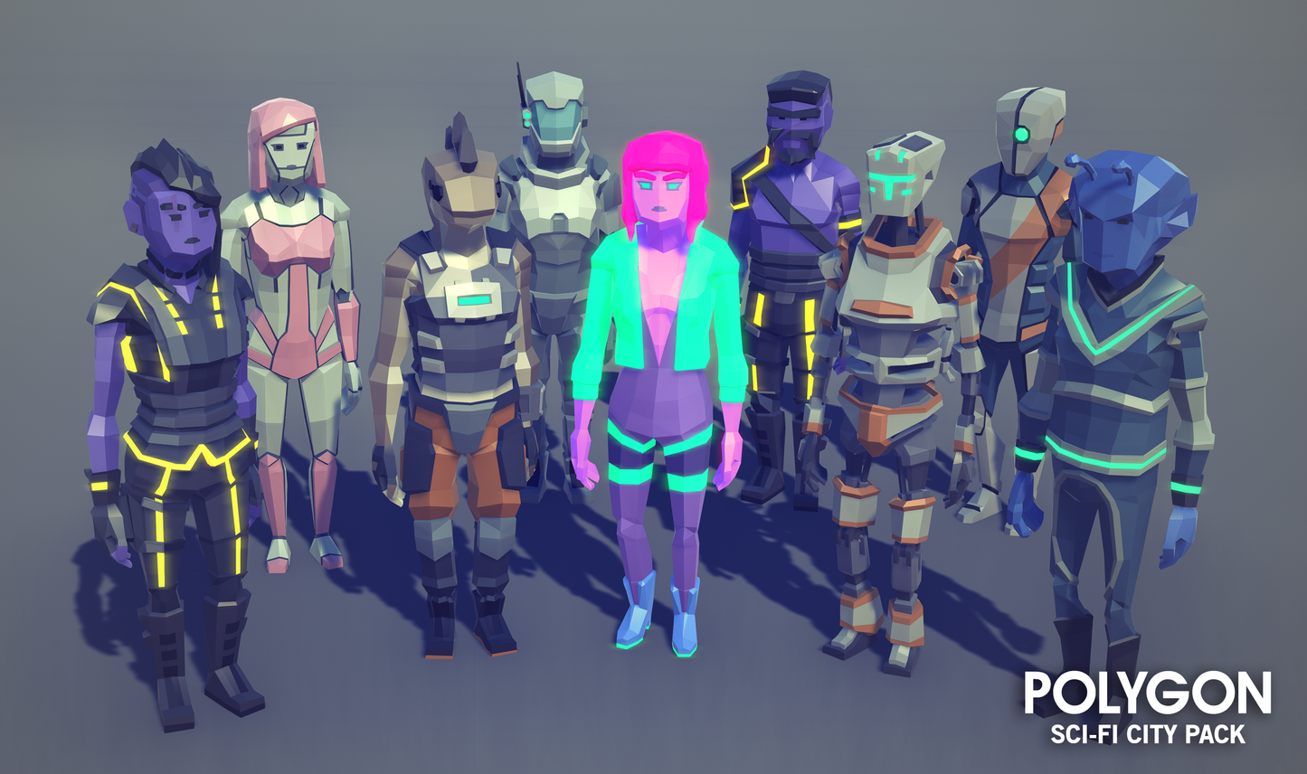 A group of sci-fi characters made up of human, android and alien standing together