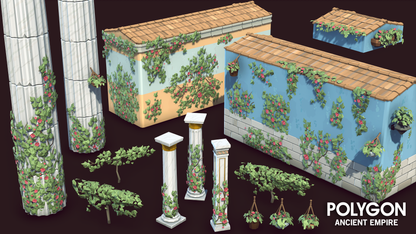 Low poly walls, vines and pillar assets for game developers