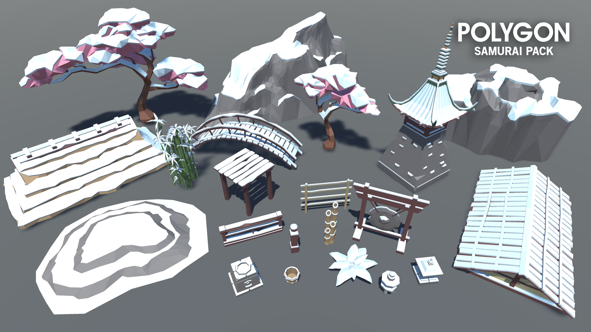 Snow covered environments for Samurai and Feudal Japan low poly games