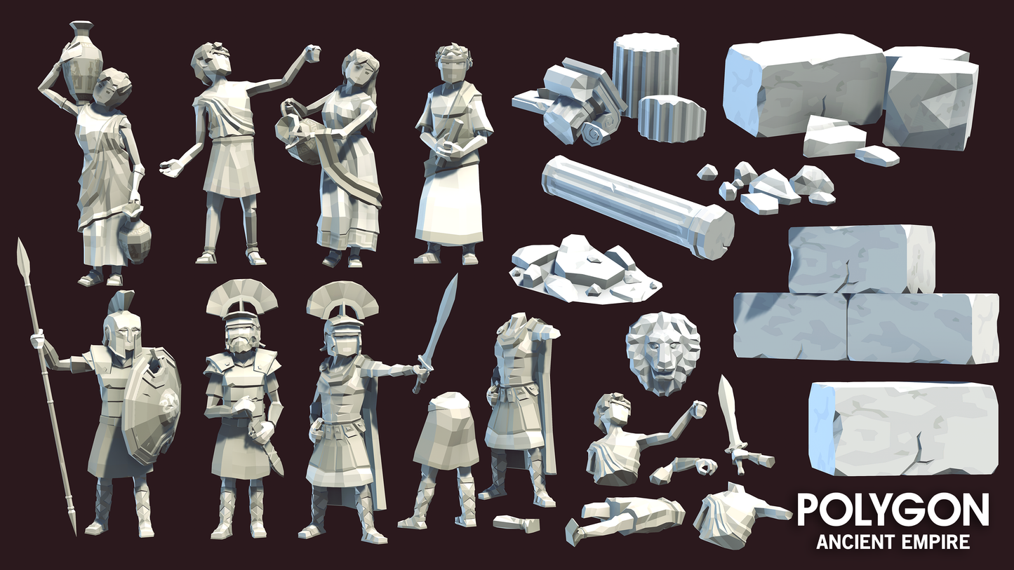 Ancient empire statue assets in low poly 3D
