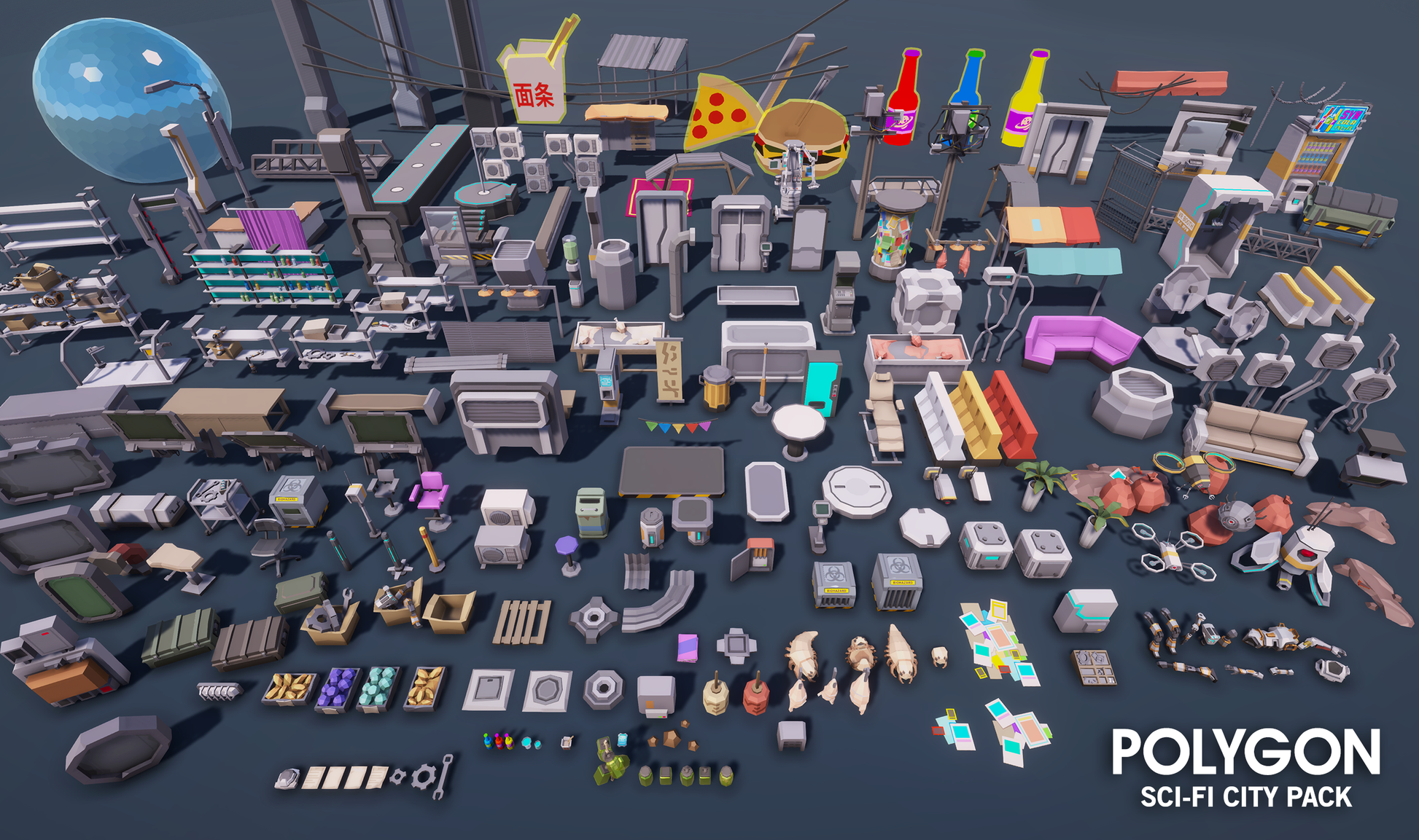 Low poly assets for populating a futuristic science fiction city