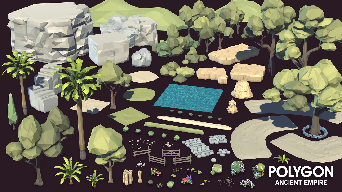 Environmental game assets and textures in low poly 3D