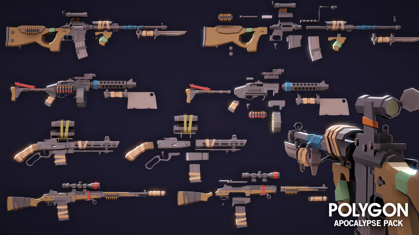 Apocalypse Pack 3D low poly wasteland weapon modification and crafting assets for game development