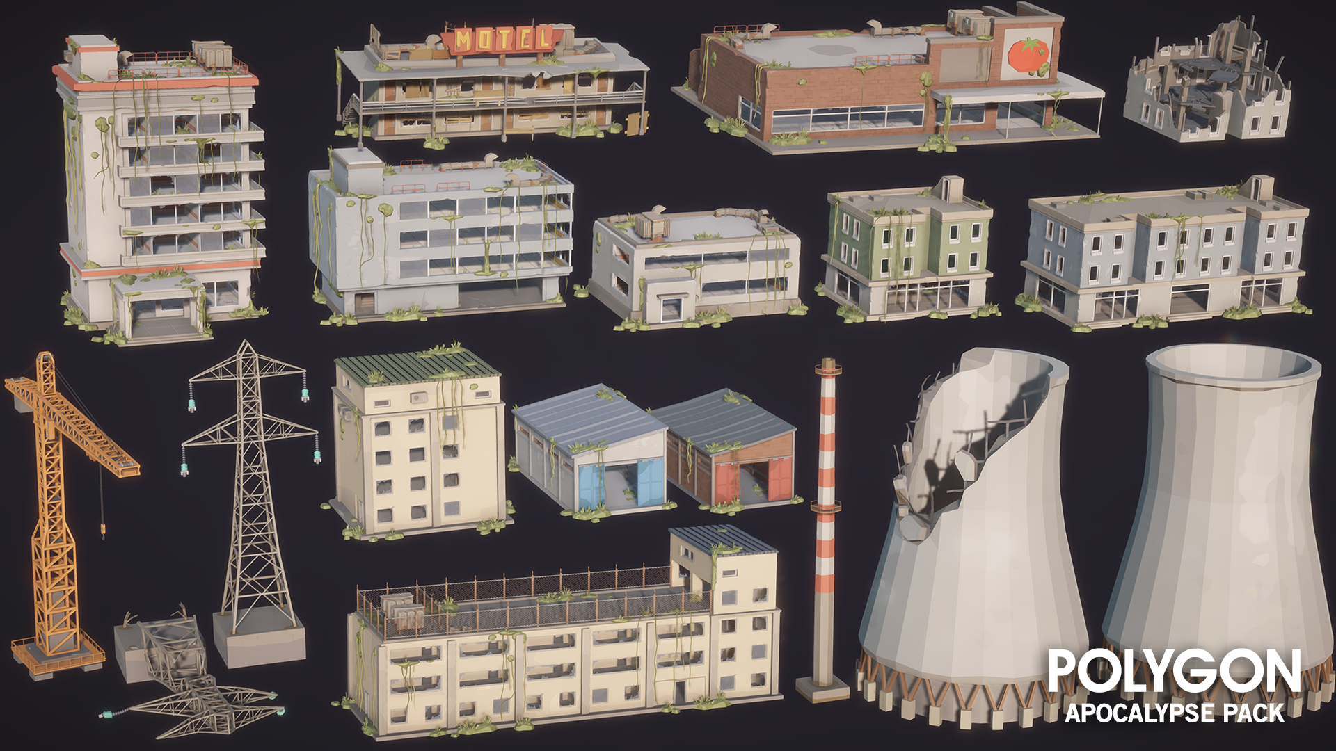 Apocalypse Pack 3D low poly commercial building assets for game development