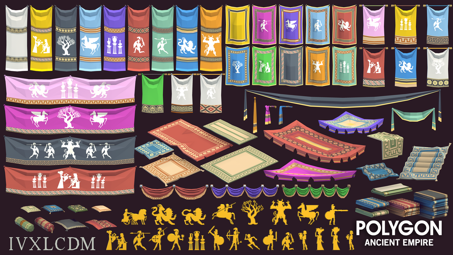 Banners, tarps, symbols and rug low poly 3D game assets