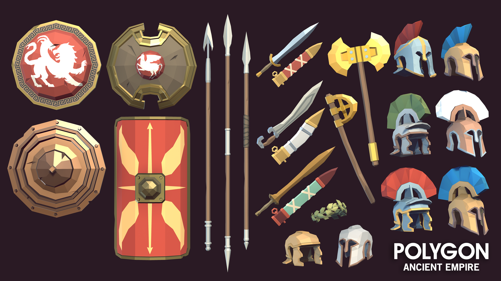 Weapons and armour for low poly 3D game developers to preview