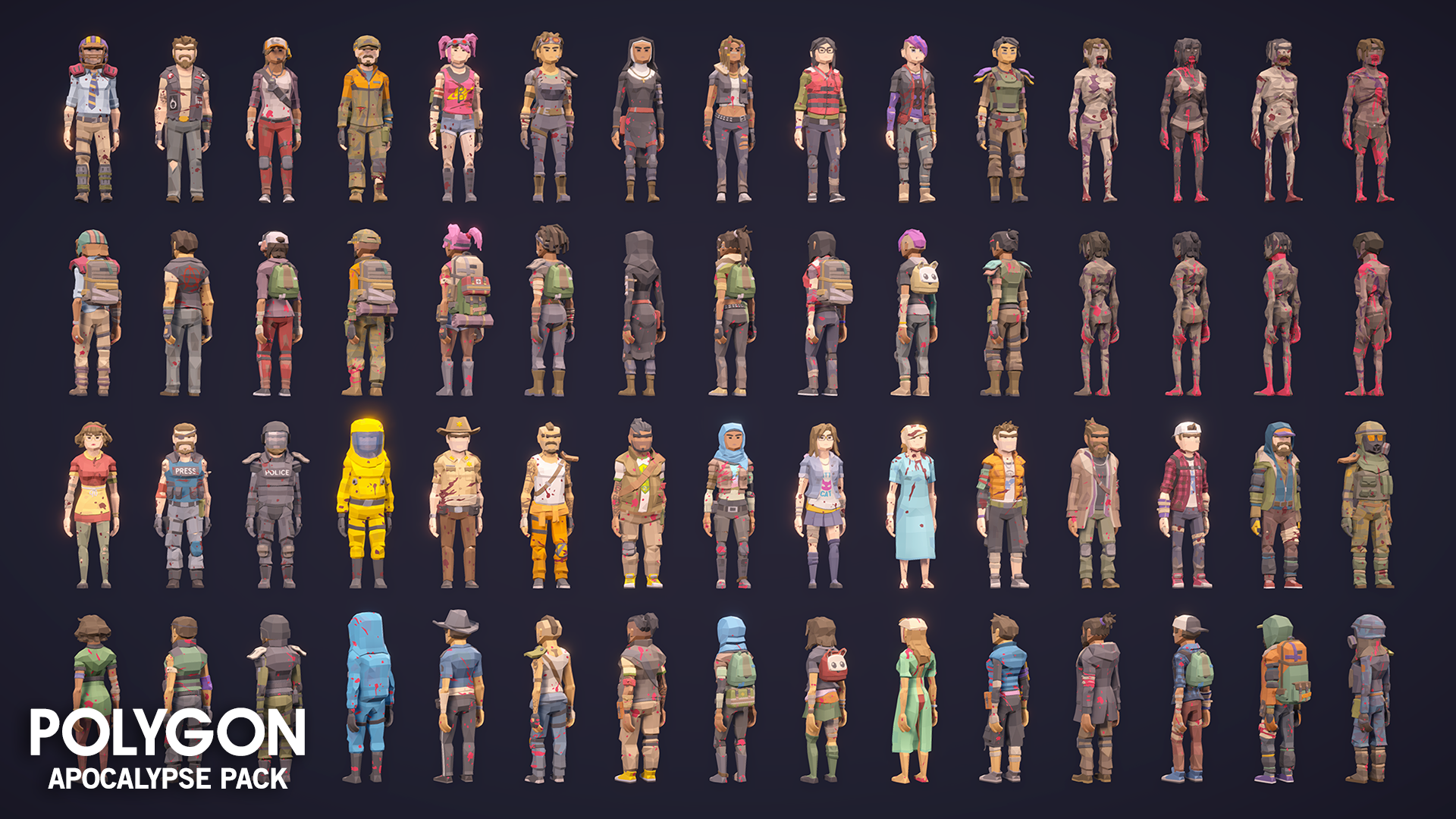 Apocalypse themed low poly character skins for game development